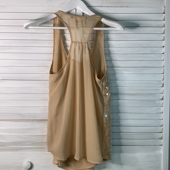 T15 Eyeshadow tan ecru with clear large sequins tank racer back with pleats sz M - Picture 7 of 12